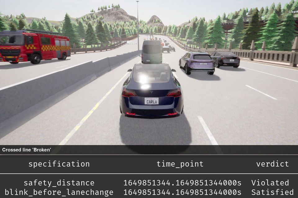Screenshot: Simulation einer Autobahn mit mehreren Fahrzeugen. Darunter Text: Crossed line 'Broken'; safety_distance: violated, blink_before_lanechange: satisfied