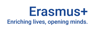 Dunkelblaues Erasmus+ Logo mit Zusatz "Enriching lives, opening minds"