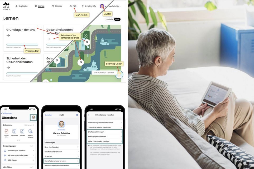 Collage aus drei Fotos: Oben links: Screenshot der Web-Anwendung ePA-Coach: In der ersten Zeile Menüpunkte: Startseite, Lernen (ist ausgewählt), Glossar, FAQ, Schriftgröße, ein Icon mit einem Kopf darin und daneben der Name Matthias Schröder. Darunter die Überschrift Lernen. Dann weitere Unterüberschriften mit Fortschrittsbalken: Grundlagen der ePA, Gesundheitsdaten verwalten, Sicherheit der Gesundheitsdaten. Rechts daneben eine Illustration in grün, blau und grau: Eine Straße, vereinzelt Bäume, kleine Häuser, Hochhäuser, ein Fluss mit zwei Schiffen. Am rechten unteren Bildrand ein Icon mit einem Kopf darin und dem Text "Wie kann ich helfen?" Unten links: Drei Smartphones nebeneinander, die die Menüführung der Anwendung ePA-Coach erklären. Auf dem ersten Screen zu sehen: Überschrift "Übersicht", daneben ein Avatar (mit einem Auswahlkästchen umschlossen". Darunter: Text: "Dokumente 1.082 gesamt >", Icon 1: ein Rechteck mit eingeknickter oberen Ecke und einer Herzstromkurve, darunter der Text "Notfallplan". Icon 2: ein Kästchen mit einem Zahn darin, darunter der Text "Zahnbonus". Icon 3: Ein Kästchen mit einer Spritze darin, darunter der Text "Impfpass". Icon 4: Eine Uhr und drei Pillen, darunter der Text "Medikationsplan". Darunter: Text "Berechtigungen Alle >", danach drei Zeilen Icons mit Text, Icon 1: Haus "Einrichtungen und Praxen 4". Icon 2: Zwei Personen "Mich vertretende Personen 2". Icon 3: eine aufgehaltene Hand, darüber ein Kreuz, "Mkk Classic" und ein Häkchen. Darunter: Text "Aktivitäten Alle >". Auf dem zweiten Screen zu sehen: Überschrift "Profil", links daneben Icon: Fragezeichen in einem Kreis, rechts daneben Text "Schließen". Darunter: ein Avatar mit einem Kopf darin, darunter der drei Zeilen Text: "Bearbeiten", "Markus Schröder", "A1234567890". Darunter: Überschrift "Einstellungen", darunter fünf Zeilen Text: "Neue App freigeben >", "Benutzerkonto verwalten >", "Sicherheit >", "Meine Patientenakte verwalten >" (mit einem Auswahlkästchen umschlossen), "Benachrichtungen und Hinweise >". Auf dem dritten Screen zu sehen: Überschrift "Patientenakte verwalten >", darunter sechs Zeilen Text: "Voreinstellung Vertraulichkeitsstufe >", "Dokumente aus eGA importieren >", "Erteilte Zustimmungen >", "Einstellungen widerrufen >", "Meine Patientenakte kündigen >". Darunter Kleingrucktes: Sie können hier Dokumente zur Patientenakte sowie der Datenverarbeitung abrufen, der Sie beim Beantragen Ihrer Patientenakte zugestimmt haben. Sie können Ihre Patientenakte kündigen sowie Ihre Einwilligung jederzeit widerrufen." Rechts: Foto eines älteren Menschen, der auf einem Sofa sitzt und ein Tablet in der Hand hält.