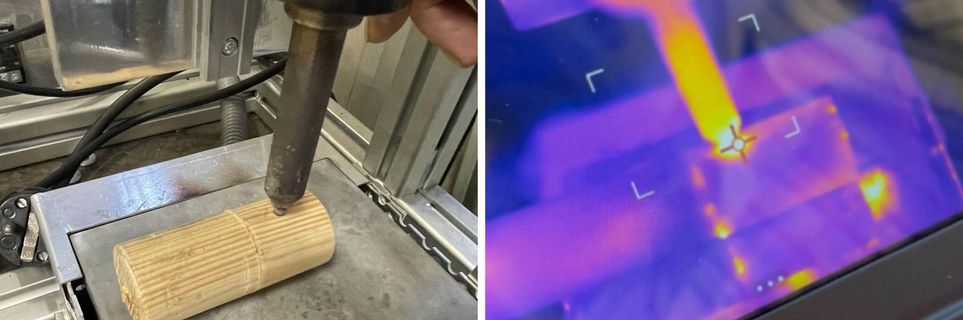 Zwei Fotos: Links: Ein Holzzylinder liegt auf einer Metallunterlage, von oben berührt ein Metallstift seine Oberfläche. Rechts: Blick durch eine Wärmebildkamera auf das linke Bild.