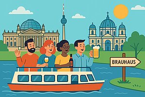 Bootsausflug mit Mitarbeitenden der Hochschule auf der Spree vor Berliner Wahrzeichen wie Reichstag und Berliner Dom, daneben ein Wegweiser zum Brauhaus