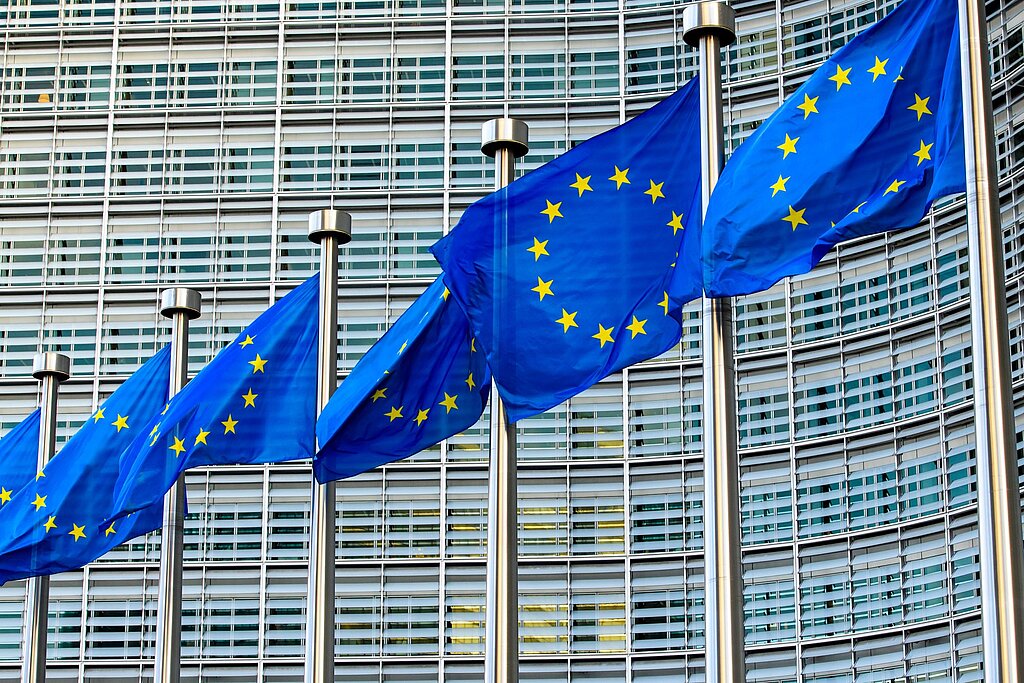 Internationale Fördermittel Sechs Fahnenmasten mit EU-Flaggen vor einem Gebäude.