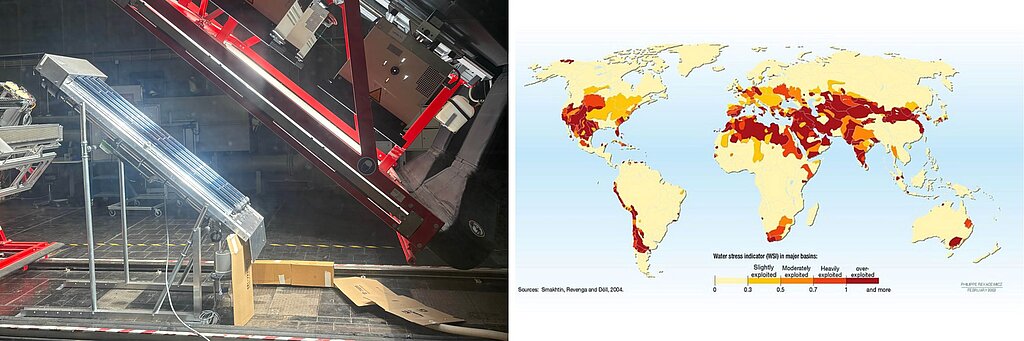 AWAU Zwei Bilder. Links: In Gestell aus Metall sind vier schwarze Rohre eingespannt. Es steht im 90-Grad-Winkel. Ihm gegenüber eine Anlage, die künstliches Licht ausstrahlt. Rechts: Eine Weltkarte stellt den Wasserstress von Frischwasserquellen weltweit dar. Im Westen Nordamerikas sowie in einem kleinen Bereich an der Nordküste, entlang fast der gesamten Westküste Südamerikas, in Mittel- und Südeuropa, in Nord- und Südafrika und im westlichen Teil Asiens sowie Teile im Osten Asiens und Australiens sind Frischwasserquellen mittel- bis stark genutzt, die Mehrzahl übernutzt.