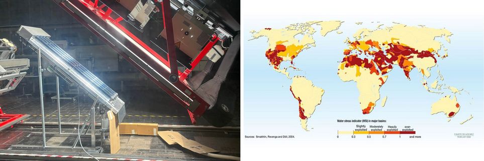 Zwei Bilder. Links: In Gestell aus Metall sind vier schwarze Rohre eingespannt. Es steht im 90-Grad-Winkel. Ihm gegenüber eine Anlage, die künstliches Licht ausstrahlt. Rechts: Eine Weltkarte stellt den Wasserstress von Frischwasserquellen weltweit dar. Im Westen Nordamerikas sowie in einem kleinen Bereich an der Nordküste, entlang fast der gesamten Westküste Südamerikas, in Mittel- und Südeuropa, in Nord- und Südafrika und im westlichen Teil Asiens sowie Teile im Osten Asiens und Australiens sind Frischwasserquellen mittel- bis stark genutzt, die Mehrzahl übernutzt. 