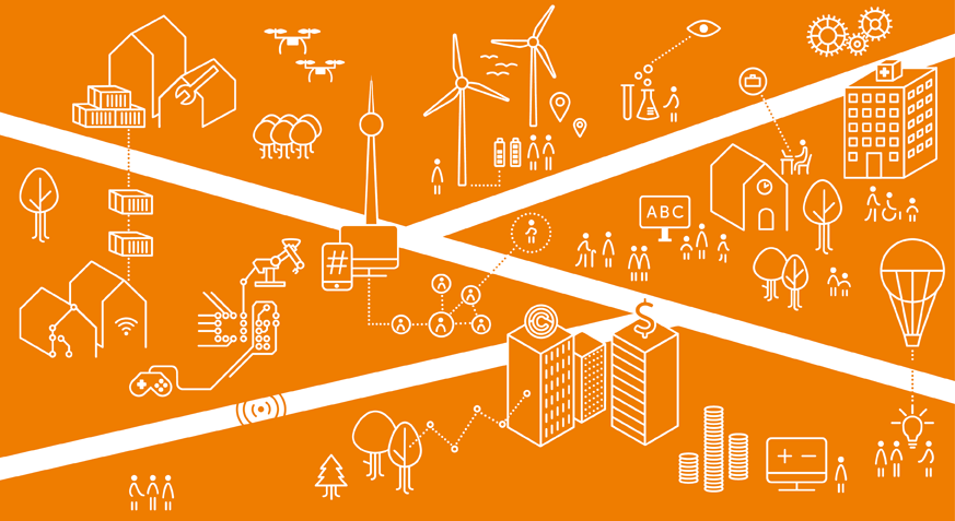 IFAF Berlin Illustration: Vor orangem Hintergrund zeigt sich eine Stadt mit Wohn- und Geschäftshäusern, einem Fernsehturm, Windrädern, Bäumen und Menschen.