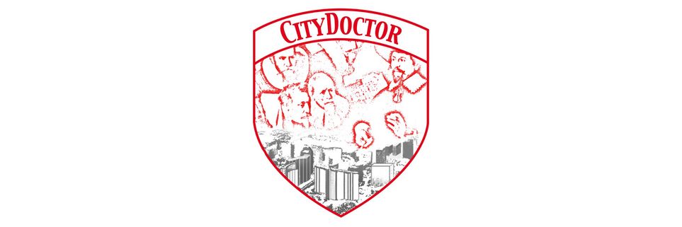 Logo in Form eines Wappens: Oben steht "CityDoctor" in roten Buchstaben, darunter rote Linienzeichnungen von Männern mit großen Kragen und eine Schwarz-Weiß-Zeichnung einer Stadt aus der Vogelperspektive.