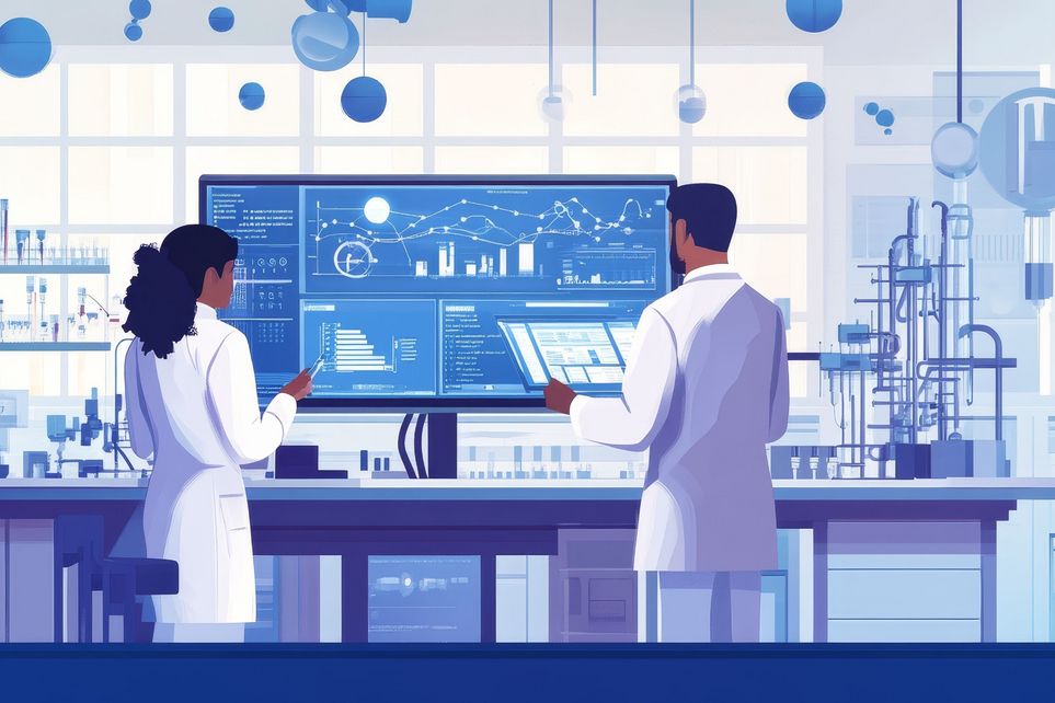 Ein Forscherpaar, das in einem modernen Labor, umgeben von wissenschaftlichen Geräten, Daten auf einem großen Monitor analysiert, teilt die intellektuelle Anstrengung.