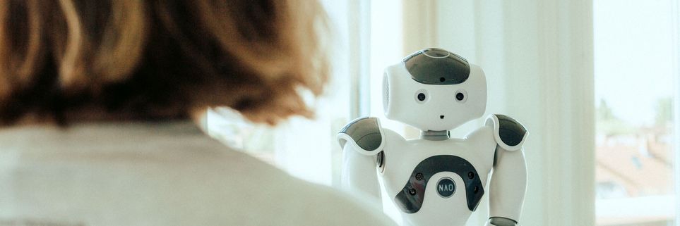 Foto: Ein humanoider Roboter schaut in die Kamera. Im Vordergrund sind im Anschnitt Kopf und Rücken einer Person zu sehen, die dem Roboter gegenüber steht.