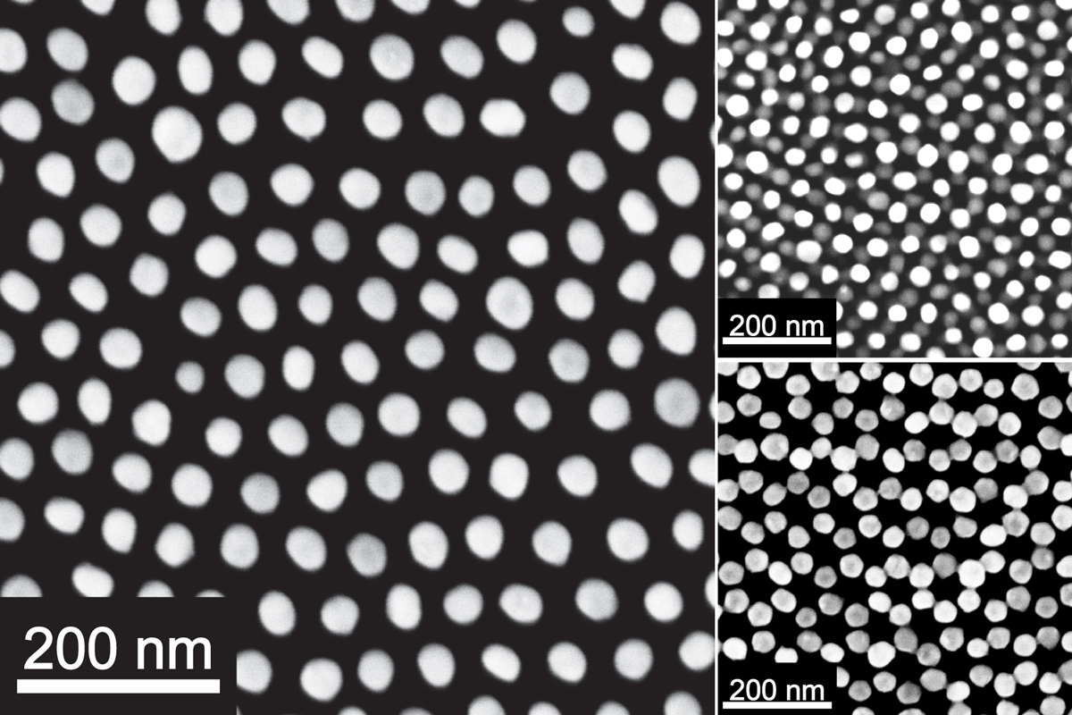 Drei elektronenmikroskopische Aufnahmen von Gold-Nanopartikeln in Schwarz-Weiß: Die erste zeigt mehrere Reihen der Partikel nebeneinander, die zweite zeigt die Partikel übereinander, die dritte zeigt eine Wabenstruktur